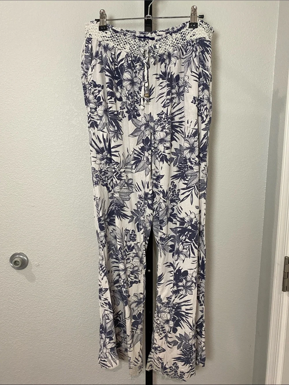 Linen and Rayon Navy Floral Beachy Smocked Waist Wide-Leg pants - Picture 1 of 11